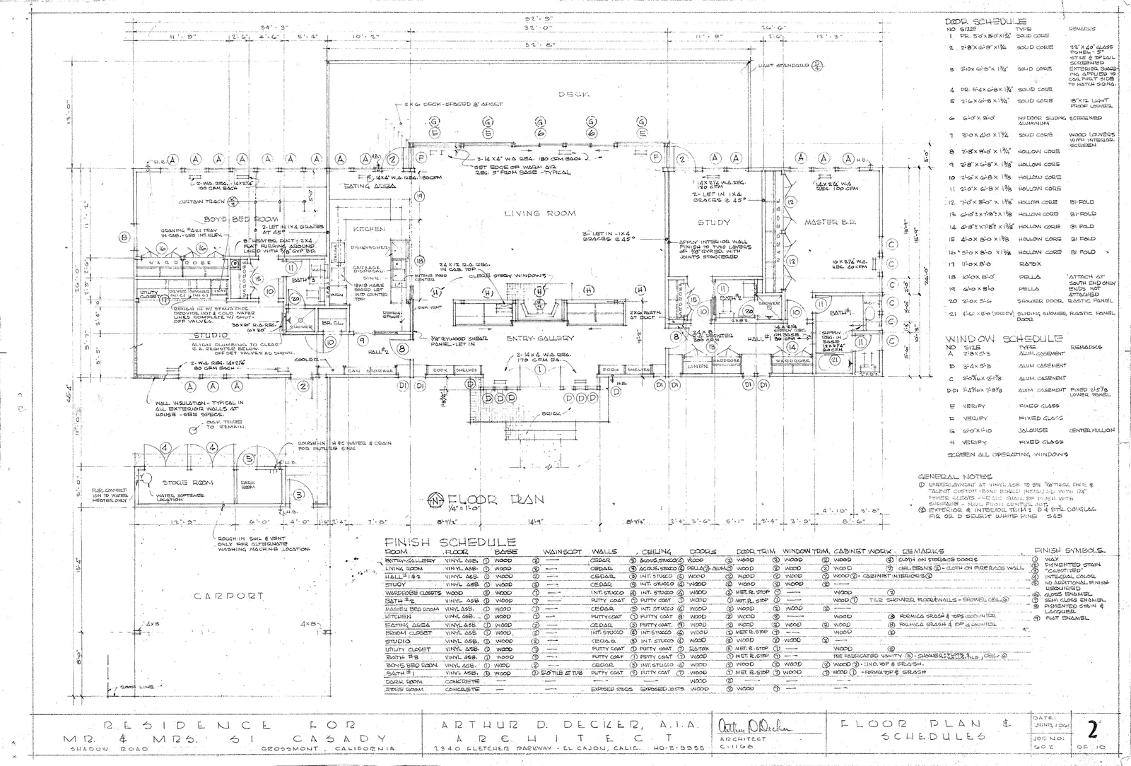 Arthur Decker's June 1961 floor plan for the Casady residence