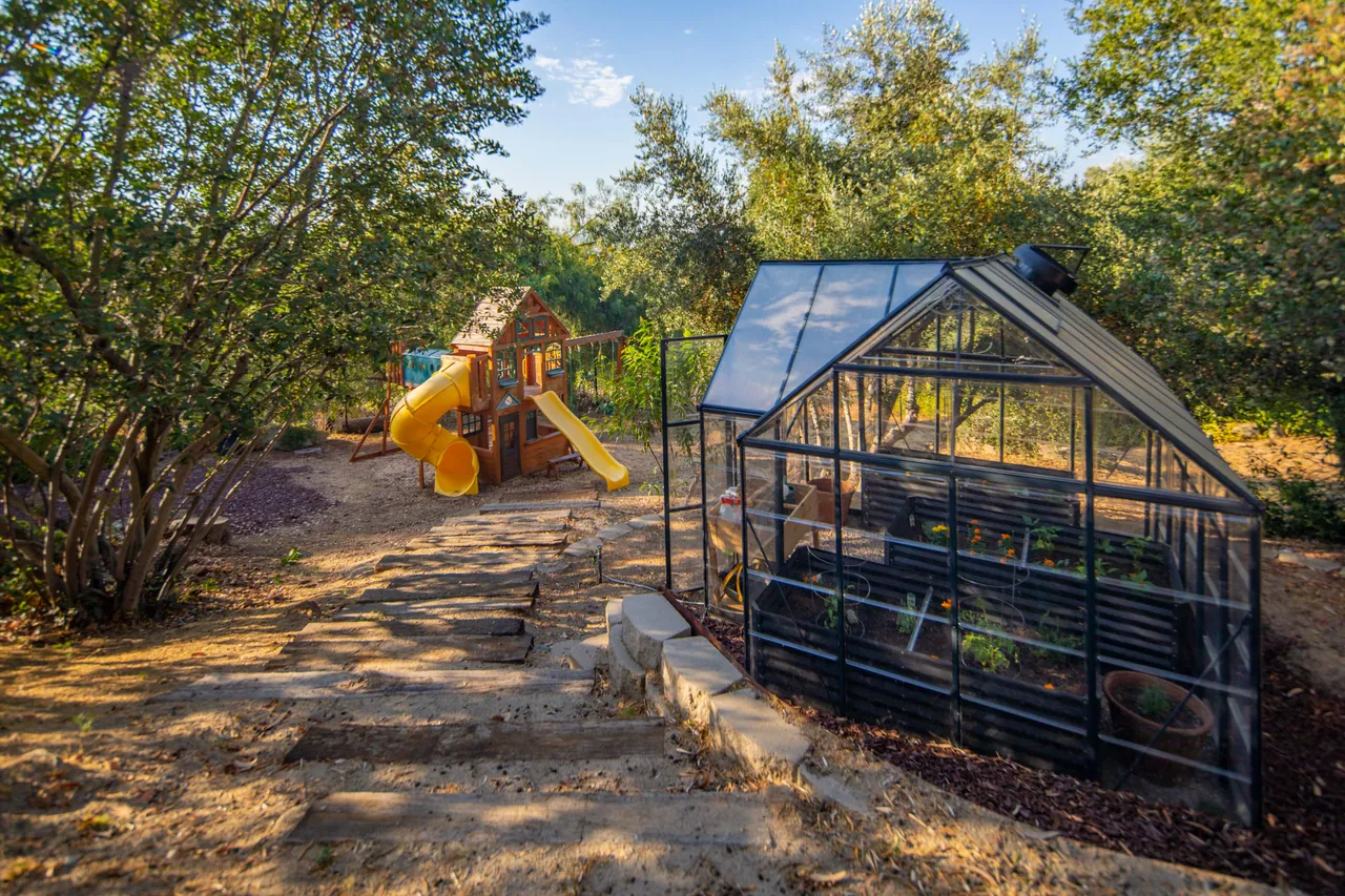 Greenhouse and garden path beneath the trees